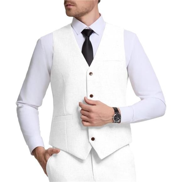 Men Linen Vest Casual Suit Vests Waistcoat White - Picture 6 of 6